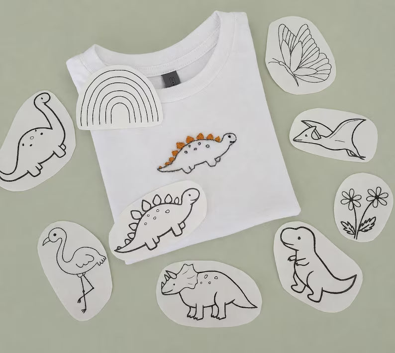 Stick and stitch dinosaur girl and boy embroidery patterns